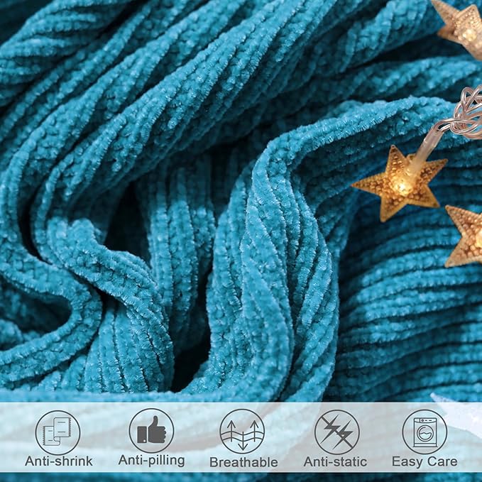 lifein Chenille Throw Blanket 60x80 - Soft Boho Knitted Blanket for Couch Cozy Farmhouse Decor Bed Throw, Lightweight All Season Teal Blanket, Decorative for Living Room Bedroom Spring Decor