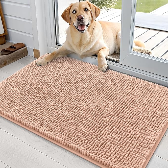 OLANLY Dog Door Mat for Muddy Paws 35x24, Absorbs Moisture and Dirt, Absorbent Non-Slip Washable Doormat, Quick Dry Chenille Mud Mat for Dogs, Entry Indoor Entryway Carpet for Inside Floor, Peach