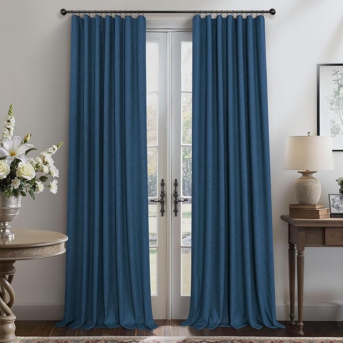Navy Blue Black Out Curtains 96 Inches Long 2 Panels Linen Textured Blackout Window Treatment Drapes Living Room Darkening Thermal Patio Sliding Glass Door Curtains for Bedroom Dark Indigo 96 Length