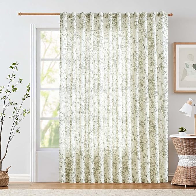 jinchan Linen Floral Curtains 100 Inch Extra Wide for Patio Sliding Glass Door Room Divider Curtain for Living Room 84 Inch Length Farmhouse Peony Green Printed Curtain Set 1 Panel