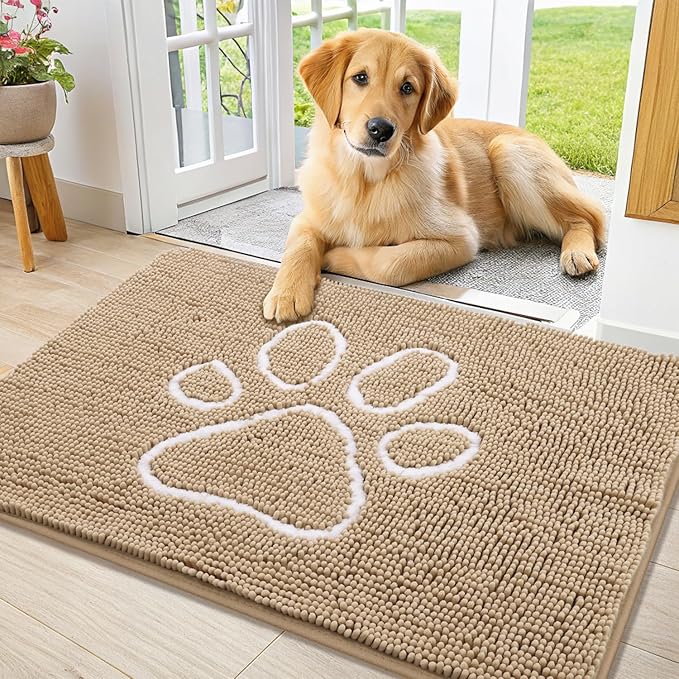 Smiry Dog Door Mat for Muddy Paws, Absorbent Dirt Trapper Non Slip Quick Dry Washable Chenille Mat for Mud Dogs, Entry Rug for Indoor and Outdoor (40x24 Inches, Beige and White)