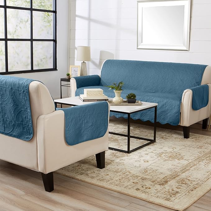 Great Bay Home Reversible Loveseat Cover - Washable Slipcover Furniture Protector with Elastic Straps - Perfect for Kids & Pets - Quilted & Stitched Detail (Smoke Blue/Ivory)