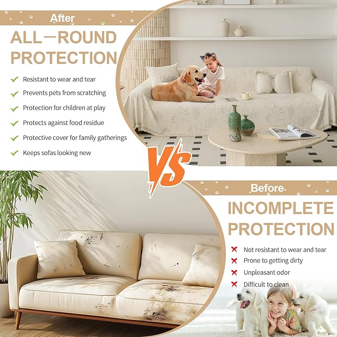 HANDONTIME Washable Couch Covers for Sofa Boho Couch Covers for 3 Cushion Sofa Pet Friendly Beige Chenille Jacquard Couch Protector for Dogs Plant Branch Sectional Cover Sofa Slipcovers, 71" X 134"