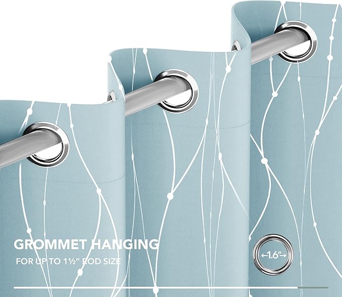 Deconovo Blackout Curtains, Thermal Insulated Soundproof Grommet Drapes, Wave Dot Foil Print, 52 x 63 Inch, Set of 2, Machine Washable Window Panel for Bedroom Living Room Nursery Kitchen, Light Blue