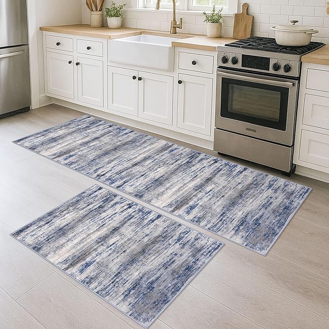 KOZYFLY Modern Abstract Area Rugs 2PCS 2x3 and 2x6 Blue-Grey Machine Washable Runner Rug Non-Slip Living Room Rug, Faux Wool Soft Low Pile Office Carpet for Hallway Entryway Bathroom Bedroom