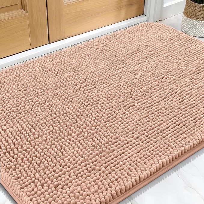 OLANLY Dog Door Mat for Muddy Paws 32x20, Absorbs Moisture and Dirt, Absorbent Non-Slip Washable Doormat, Quick Dry Chenille Mud Mat for Dogs, Entry Indoor Entryway Carpet for Inside Floor, Peach