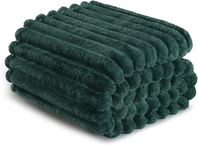 Exclusivo Mezcla Twin Size Flannel Fleece Blanket, Super Soft Striped Jacquard Bed Blanket, Lightweight Fuzzy Cozy for All Seasons, 60x80 Inches, Forest Green