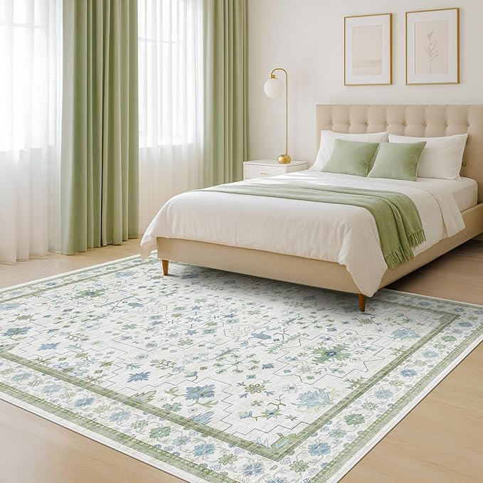 Hazo Haus Cream Oushak 6x9 Bedroom Rug - Boho Floral Cool Blue and Green, Washable Low Pile Non-Slip Ultra-Thin Large Area Rugs for Bed Room, Living Room, Playroom