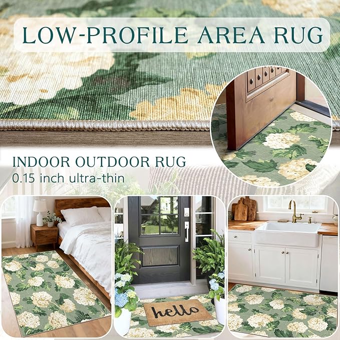 Spring Outdoor Rug - 28" x 43" Front Door Mat Indoor Outside Entrance Non-Slip Washable Outdoor Mat Sage Green Beige Flower Rug for Entryway Kitchen Bedroom Layered Doormat for Front Porch