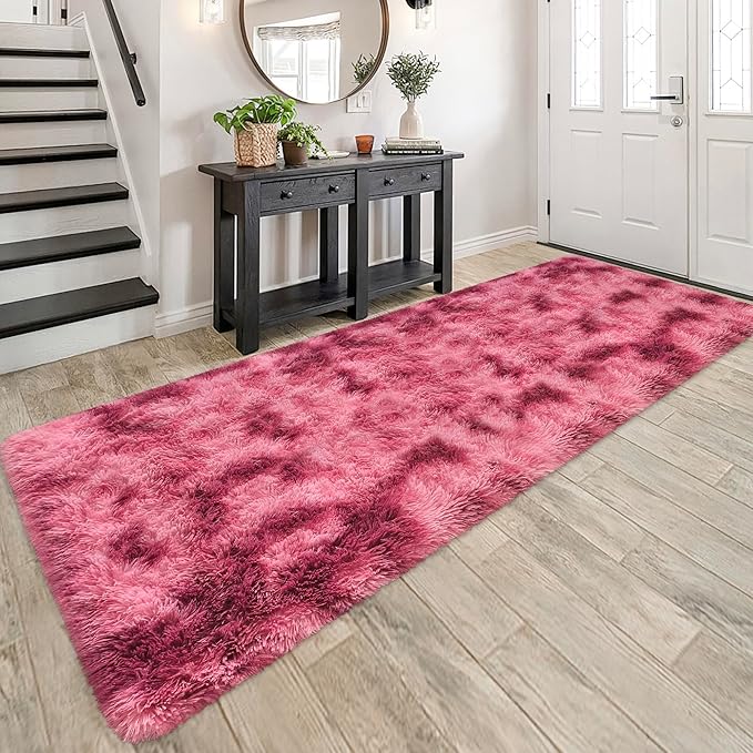 Tie-Dyed Red 3x10 Machine Washable Runner Rugs for Hallway Soft Fluffy Shaggy Bedside Rugs for Bedroom Living Room Indoor Floor Carpet for Kids Girls and Boys Nursery Rooms Home Decor Aesthetic