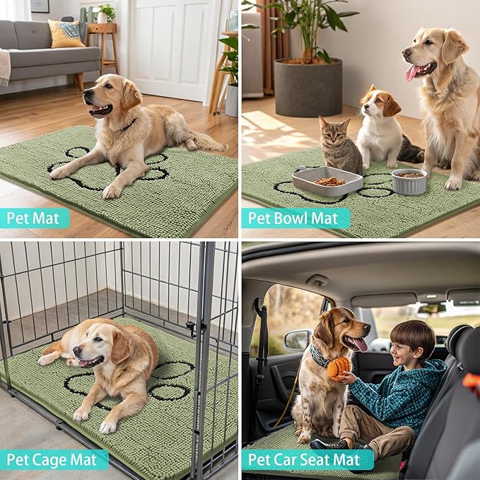 Smiry Dog Door Mat for Muddy Paws, Absorbent Dirt Trapper Non Slip Quick Dry Washable Chenille Mat for Mud Dogs, Entry Rug for Indoor and Outdoor (36x24 Inches, Sage Green and Black)