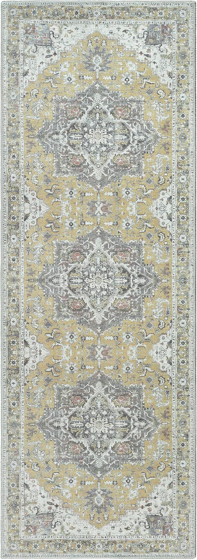 Yellow Area Rug Runner 2.5 x 10 ft, Machine Washable Polyester