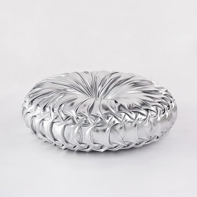 HIG Set of 2 Handcrafted Silver Ruched Round Throw Pillows – 14.5’’ Metallic Leather Decorative Pillows with Soft Polyester Filling for Couch, Bed, Living Room, Bedroom, or Dorm
