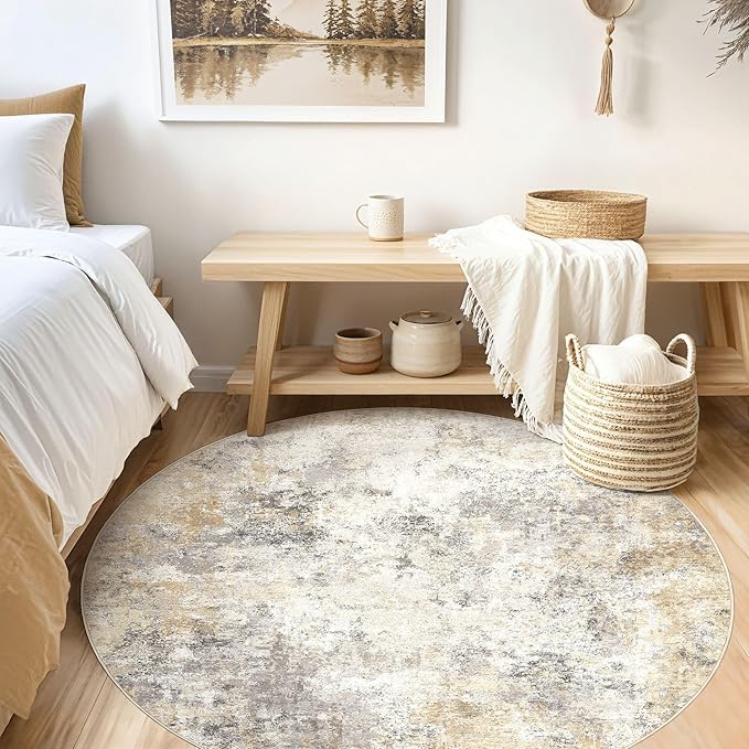 UERMEI 5ft Round Area Rug Living Room Rugs - 5x5 Washable Neutral Modern Abstract Soft Thin Rug Indoor Floor No Slip Rug Carpet for Bedroom Under Dining Table Home Office Decor - Golden Grey
