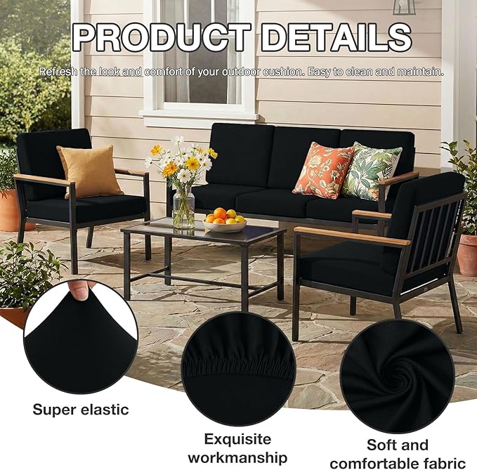 hyha 4Pcs Patio Cushion Covers, Stretch Outdoor Couch Cushion Covers Replacement, Washable Outdoor Chair/Sofa Slipcovers for Patio Furniture Cushions Protector with Elastic Bottom(Black,Cover Only)