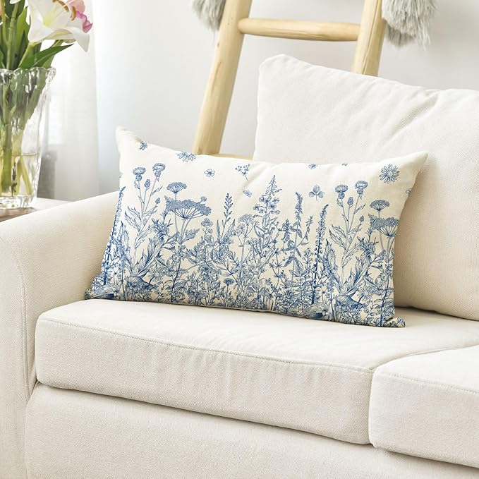 AVOIN colorlife Wildflowers Spring Summer Blue Throw Pillow Cover, 12 x 20 Inch Floral Cushion Case Decoration for Home Sofa Couch