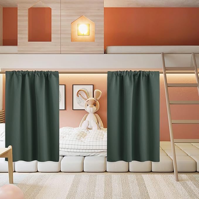 RYB HOME Half Curtain Tiers 36 inch Length, Rod Pocket Summer Heat Blocking Thermal Insulated Short Blackout Curtains for Small Window, Width 34 by Length 36, Dark Green, 2 Panels