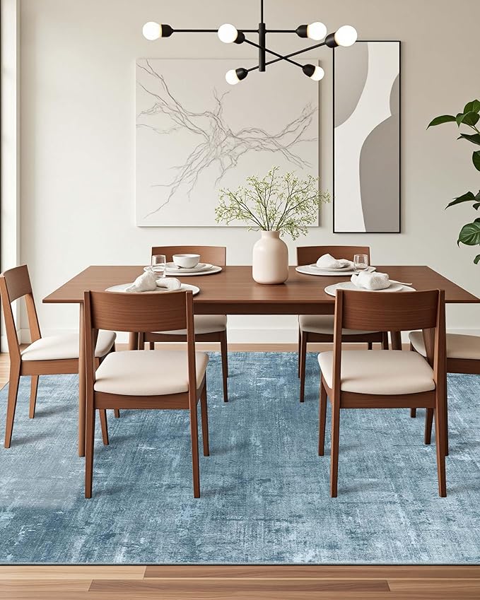 Latte&Fog 9x12 Area Rug for Living Room, Extra Large Blue Modern Abstract Washable Rugs, Boho Non Slip Low Pile Carpet for Indoor Bedroom Dining Room, Office, Dorm, Classroom and Farmhouse - Blue