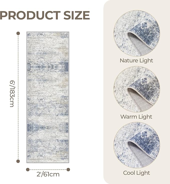 Washable Runner Rugs for Bedroom - 2x6 Runner Rug Non Slip, Ultra-Thin Entryway Runner, Soft Abstract Kitchen Runner for Hallway, Laundry, Indoor Door Mat(2'x6', Blue/Brown/Ivory)