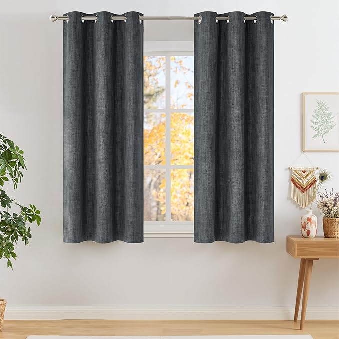 NICETOWN Short Faux Linen Charcoal Gray Blackout Curtains 63 inches Long for Kitchen - Privacy Panels for Living Room Bedroom, Modern Farmhouse Style Easy Care Grommet Top, 2 Panels, W42 by L63