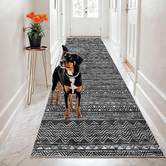 2x8 Washable Kitchen Runner Rug: Modern Moroccan Runners for Hallway Soft Non Slip Rugs with Rubber Backing Low Pile Thin Waterproof Floor Carpet for Entryway Bedroom Bathroom Indoor 2x8 Black