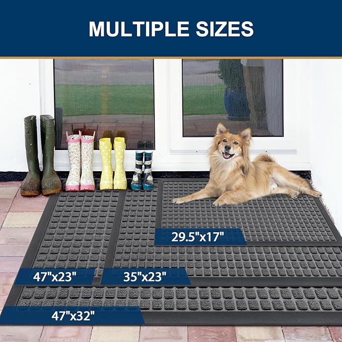 Smiry Front Door Mat Outside Entrance, Heavy Duty Natural Rubber Doormat, Non Slip, Trap Dirt and Moisture, Easy Clean, Low Profile Welcome Floor Mats for Indoor Outdoor Entry, 59x23 Inch, Grey