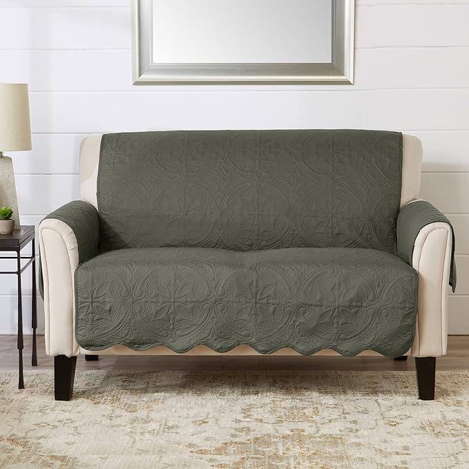 Great Bay Home Reversible Loveseat Cover - Washable Slipcover Furniture Protector with Elastic Straps - Perfect for Kids & Pets - Quilted & Stitched Detail (Sage Green/Light Gray)