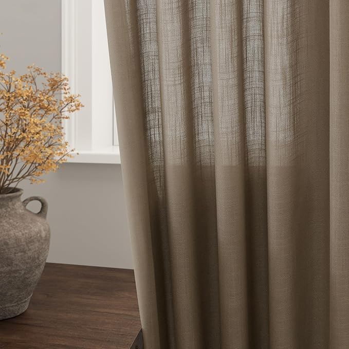 Dark Taupe Linen Curtains 84 Inches Long for Bedroom Back Tab Light Filtering Privacy Semi Sheer Curtains Modern Farmhouse Decor Dark Taupe Cotton Textured Curtain for Living Room 2 Panels 52x84