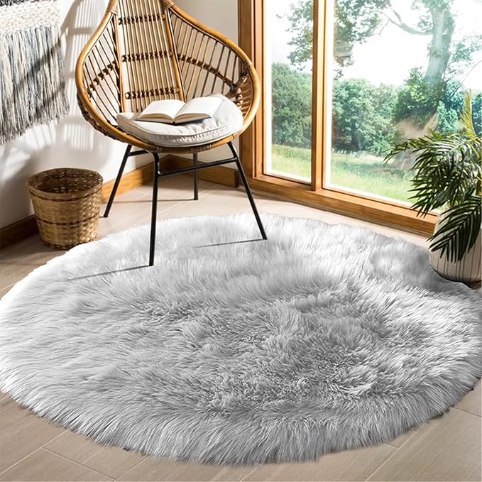 Goolela Grey Round Area Rug 6ft Fluffy Circle Faux Sheepskin Fur Carpet for Bedroom Living Room Fuzzy Furry Shaggy Luxury Washable