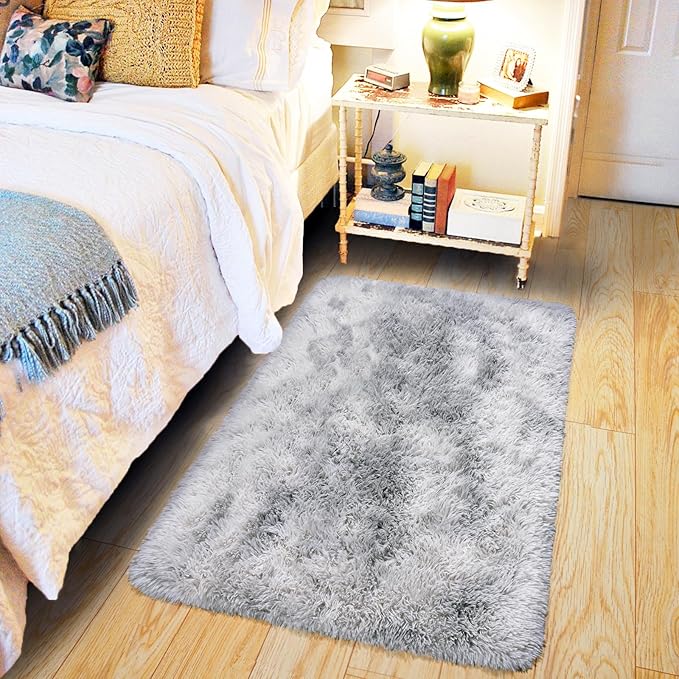 Pionblank Fluffy Small Rug for Bedroom 2x3 Feet, Shag Soft Area Rug, Modern Plush Carpet, Furry Cute Bedside Rug for Kids Girls Boys Room Nursery Decor, Tie Dye Grey