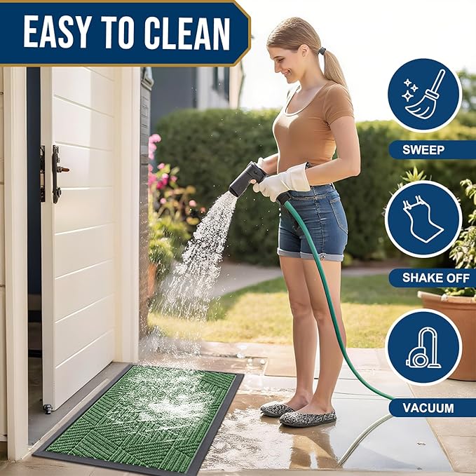 Smiry Front Door Mat Outside Entrance, Heavy Duty Sturdy Natural Rubber Doormat, Trap Dirt and Moisture, Easy Clean Low Profile Mats for Indoor Outdoor Entry, Irregular Triangle (29.5x17, Green)