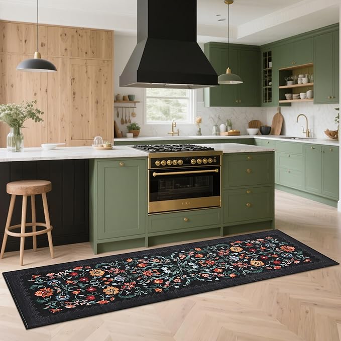 GarveeHome Floral Rug 2.5x10 Runners for Hallways, Boho Kitchen Runner Rugs Non Slip Bath Runners, Vintage Washable Runner Rug for Bedroom, Soft Long Rugs for Entryway Bathroom Laundry Dorm, Black