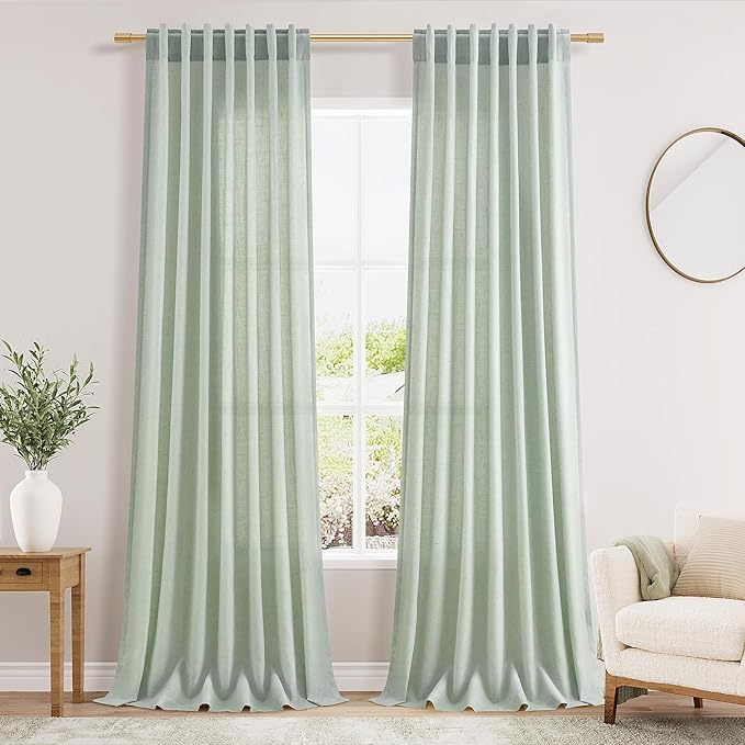 Nanspring Aqua Green Linen Curtains 102 Inches Long Rod Pocket Back Tab Drapes 2 Panels Set for Living Room Bedroom Light Filtering Semi Sheer Aqua Green Curtain 102 Length for Patio Door 52x102
