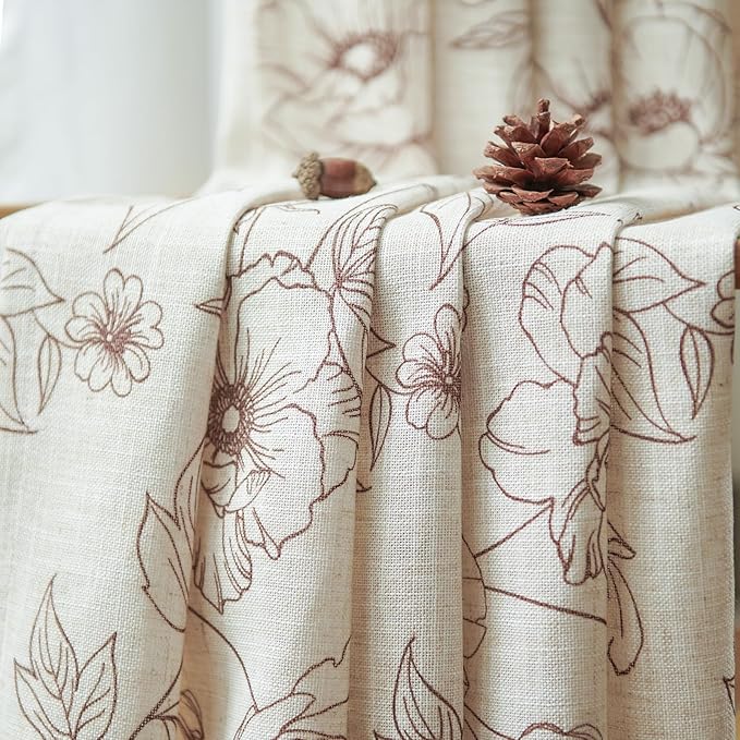 jinchan Floral Linen Curtains for Living Room 96 Inch Length Brown Flower Curtain Rod Pocket Back Tab Farmhouse Curtains with Printed Floral Bedroom Window Curtain Set, 2 Panels Brown