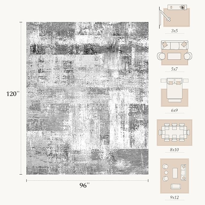 Rugflix 8x10 Large Area Rugs for Living Room, Abstract Washable Rug, Non-Slip, Stain Resistant, Soft Low Pile Carpet, Indoor Grey Rug for Bedroom, Dining Room, Home Office