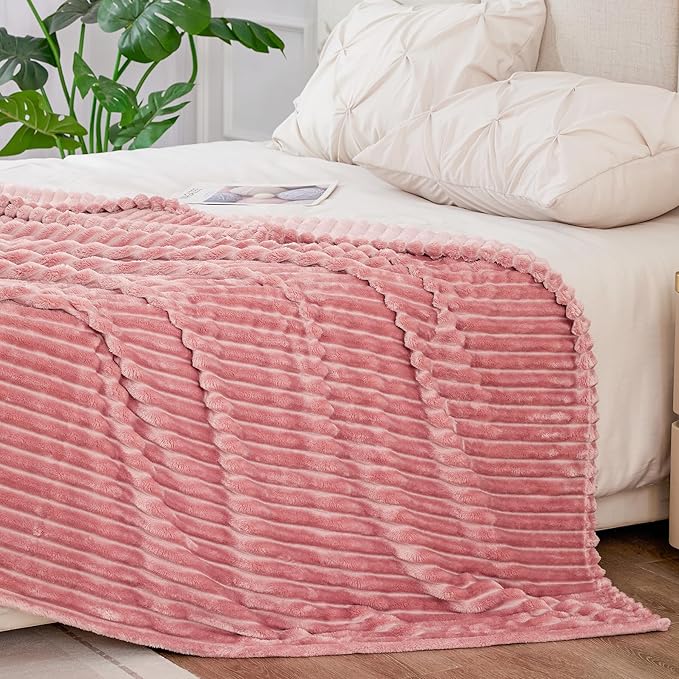 BEDELITE Fleece Blanket Queen Size – 3D Ribbed Jacquard Soft and Warm Decorative Fuzzy Blankets – Cozy, Fluffy, Plush Lightweight Throw Blankets for Couch, Bed, Sofa(Pink, 90x90 inches)