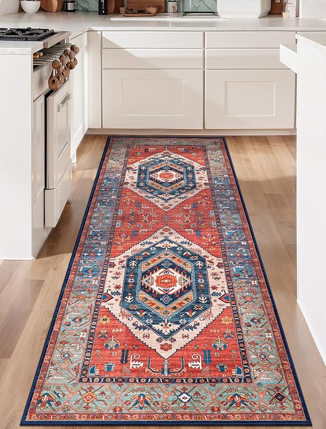 SERISSA Boho Kitchen Runner Rug, 3x7 Washable Non-Slip Runner Rug for Hallways Kitchen Rug, Ultra Soft Vintage Rust Print Distressed Tribal Floor Carpet Runner for Bedroom Entryway Laundry Room