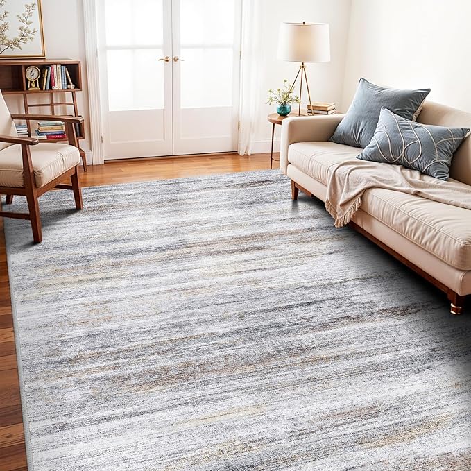 6x9 Area Rug for Living Room: Non-Slip Washable Rugs for Dining Room Bedroom Study Home Office - Easy-to-Clean Stain and Water Resistant Carpet - Soft Low-Pile Mat Beige Grey