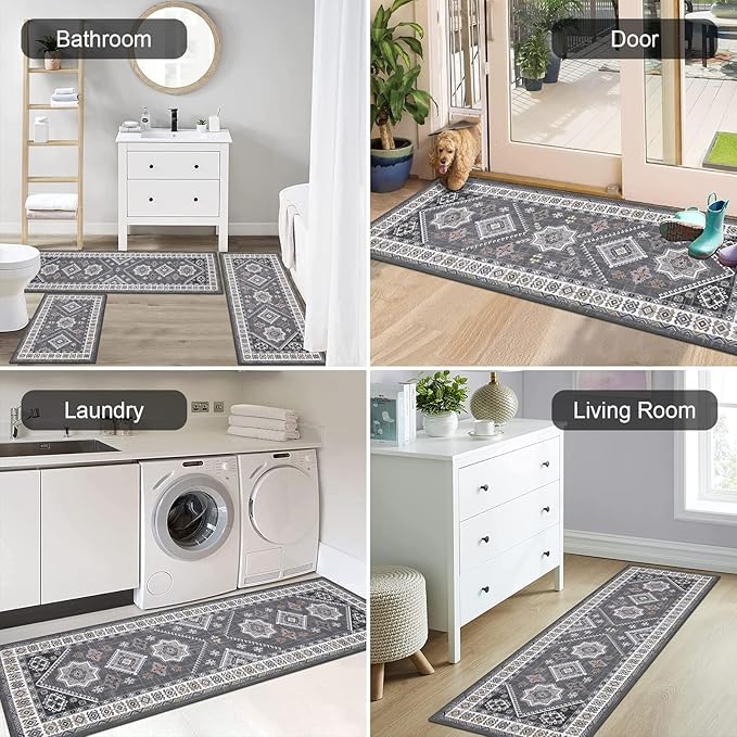 HEBE Boho Kitchen Rug Sets 3 Piece with Runner Non Slip Kitchen Rugs and Mats Washable Kitchen Mats for Floor Thick Kitchen Floor Mat Carpet Runner Rugs for Hallway Laundry Holiday Decor