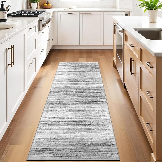 2'6''x10' Washable Runner Rugs for Hallway: Easy-to-Clean Abstract Runners for Entryway Bedroom - Stain and Water Resistant Rugs with Non-Slip Backing - Soft Low-Pile Carpet Grey