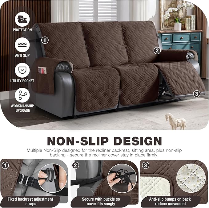 TAOCOCO 100% Waterproof Recliner Sofa Cover, Non Slip Split Couch Covers for Reclining Couches with Straps, Washable Reclining Sofa Cover Furniture Protector for Kids Pets(3 Seater, Dark Brown)