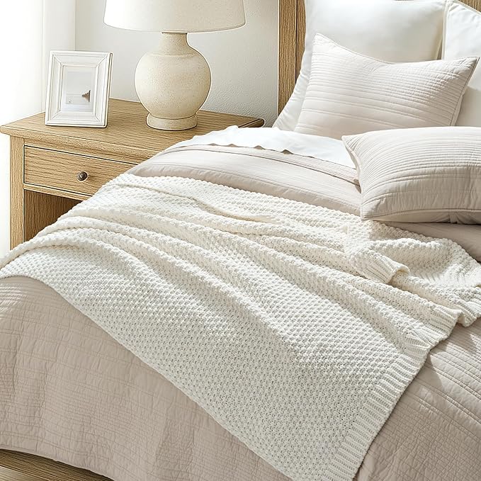 EVERGRACEHOME Chunky Chenille Knit Throw Blanket for Couch, Soft Luxurious Moss Stitch Blankets for Bed, Cozy Decorative Farmhouse Knitted Throws for Sofa, Bright White, 60" x 80"
