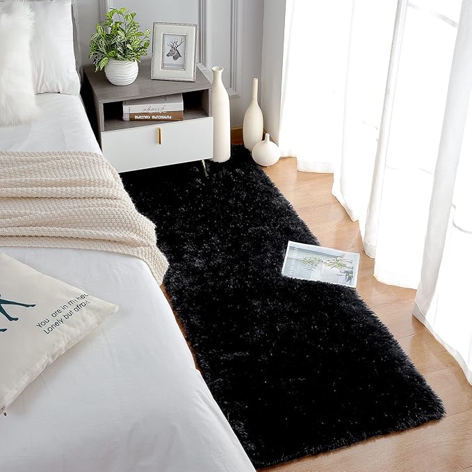 Chicrug Soft Runner Rugs for Bedroom Living Room Plush Fluffy Rug 2x7 Feet, Shag Furry Area Rug Carpet Non Shedding for Nursery Children Kids Girls Room Home Decorative, Black