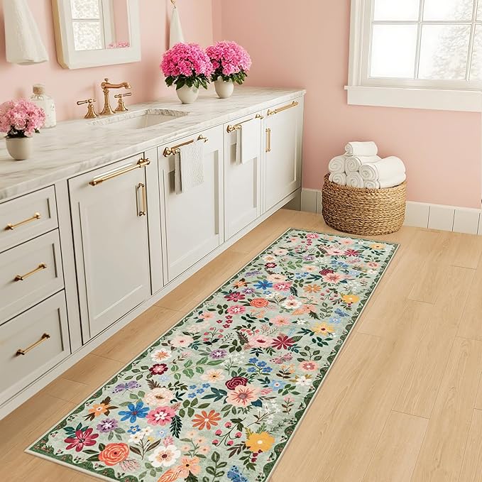 Runner Rug for Entryway: 2x6 Kitchen Rugs Non Slip Washable Ultra-Thin Soft Floral Carpet Indoor Floor Stain Resistant Carpets for Hallway Bedroom Kitchen Laundry Bathroom Dorm Green