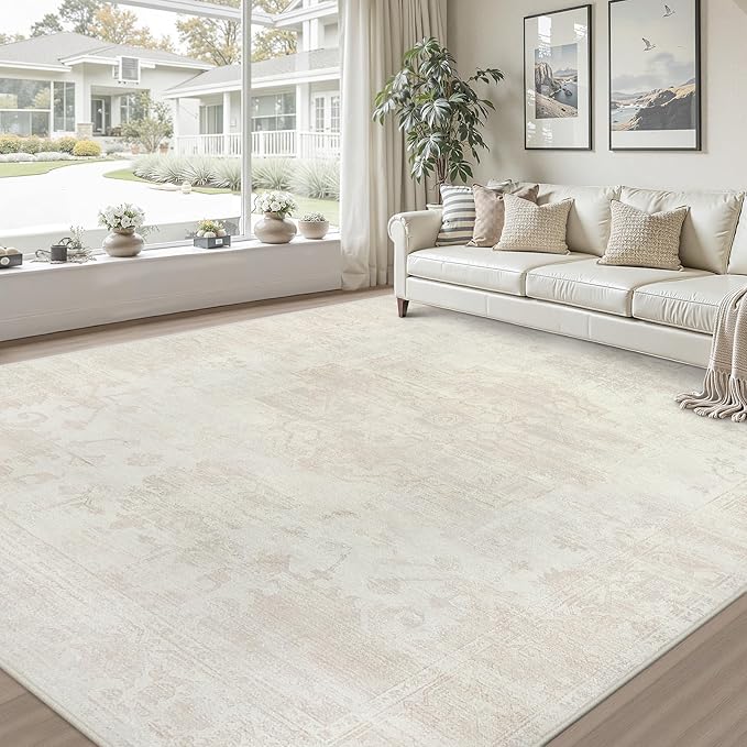 8x10 Area Rugs for Living Room: Vintage Boho Neutral Washable Rug Indoor Soft Large Area Rug Carpet for Bedroom Nursery Farmhouse Dining Room Office Floor Non-Slip Low Pile Under Table Rug Cream Beige