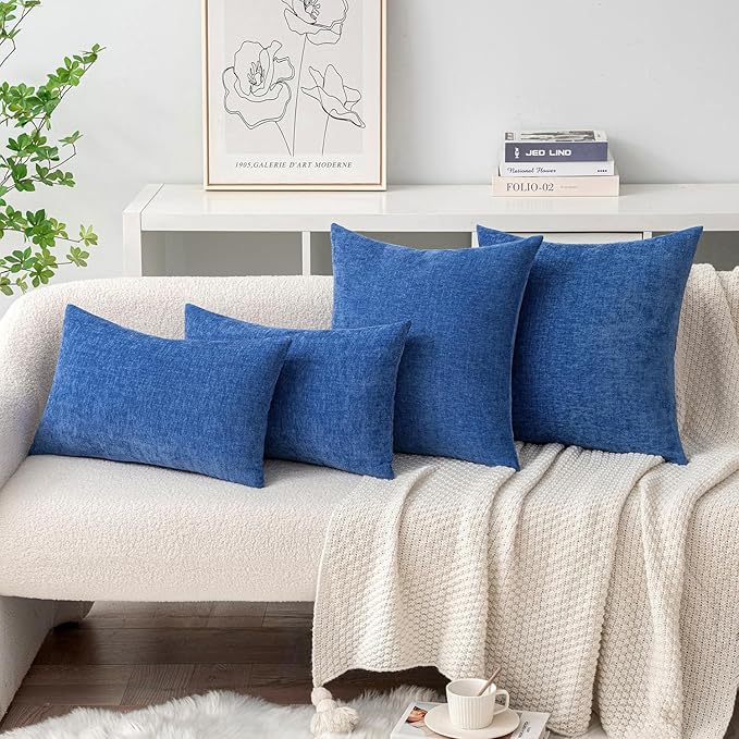 MIULEE Pack of 2 Couch Throw Pillow Covers 12x20 Inch Soft Royal Blue Chenille Lumbar Pillow Covers for Sofa Living Room Solid Dyed Cases