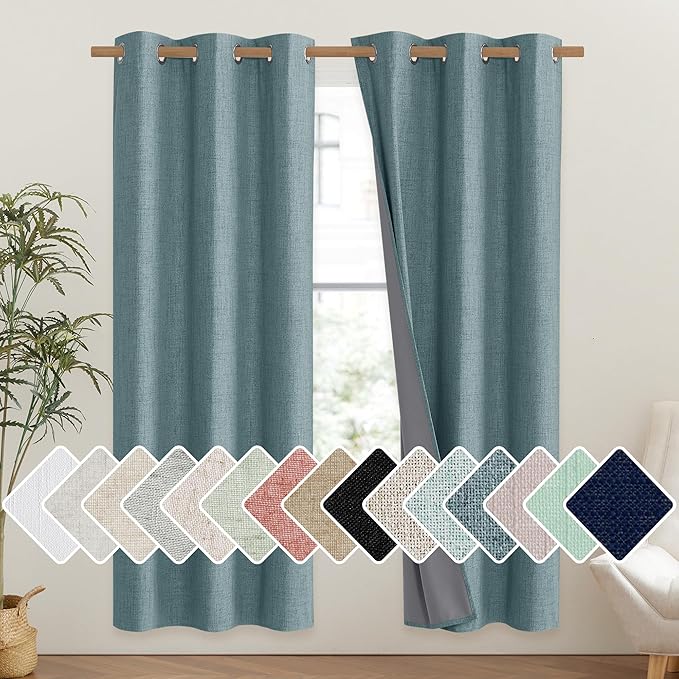 NICETOWN 100% Absolutely Blackout Linen Curtains with Thermal Insulated Liner, Skylark Blue, 42" Wide, 72" Length Energy Saving Curtains for Classroom 2 Panels Set, Vertical Blinds