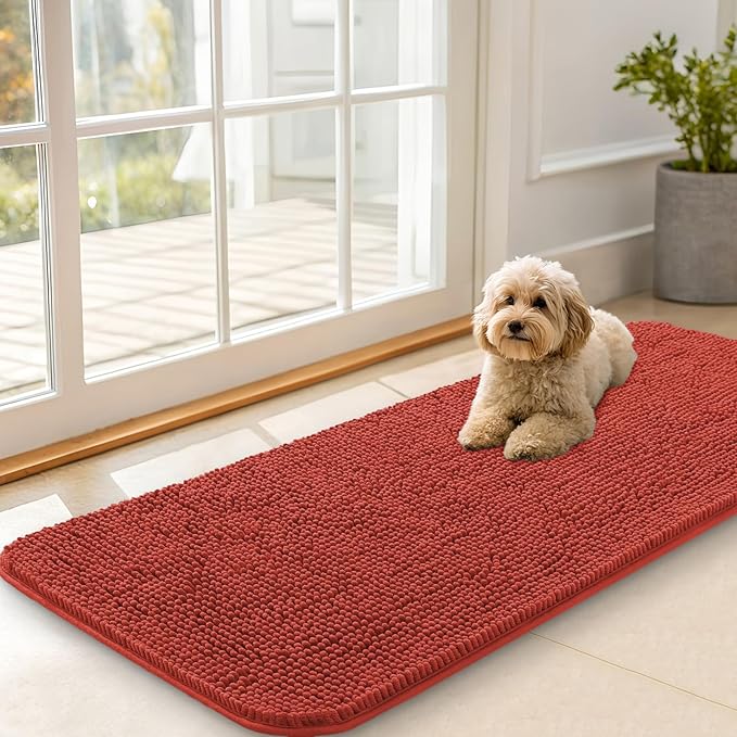 OLANLY Dog Door Mat for Muddy Paws 47x20, Absorbs Moisture and Dirt, Absorbent Non-Slip Washable Doormat, Quick Dry Chenille Mud Mat for Dogs, Entry Indoor Entryway Carpet for Inside Floor, Maple Red