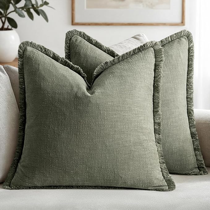 MIULEE Decorative Throw Pillow Covers Neutral Linen Fringe Throw Pillows Set of 2 Light Olive Green Boho Farmhouse Cushion Covers for Couch Sofa Bed Living Room Spring Home Decor 18x18 Inch
