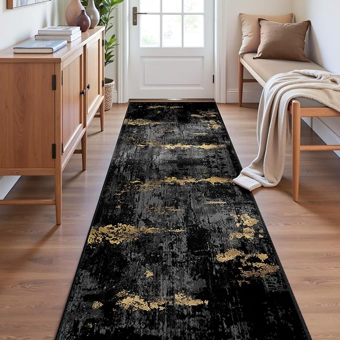 Washable Area Rugs 2'x8' Non-Slip Modern Abstract Soft for Living Room Entryway Bedroom Nursery, Print Pattern, Dark Black Gold